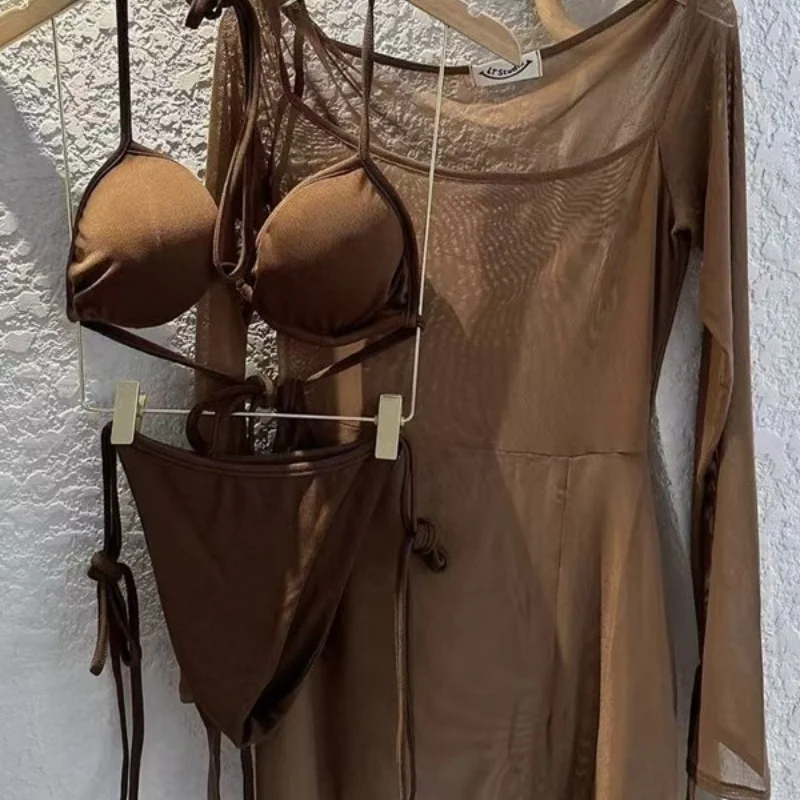 

Sexy Bikini Set Women's Beach Swimsuit with Mesh Cover Up Retro Triangle Top and Bottom Bathing Suit for Pool Party Vacation
