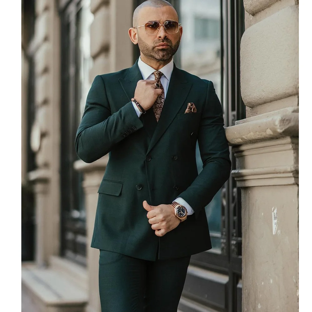 

High Quality Men's Suits Dark Green Double Breasted Formal 2 Piece Jacket Pants Sets Elegant Wedding Groom Outfits Blazer Homme