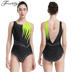 Women Rhythmic Gymnastics Leotard Figure Skating Ballet Dance Acrobatics Costume Sleeveless Shiny Rhinestone Sheer Mesh Bodysuit