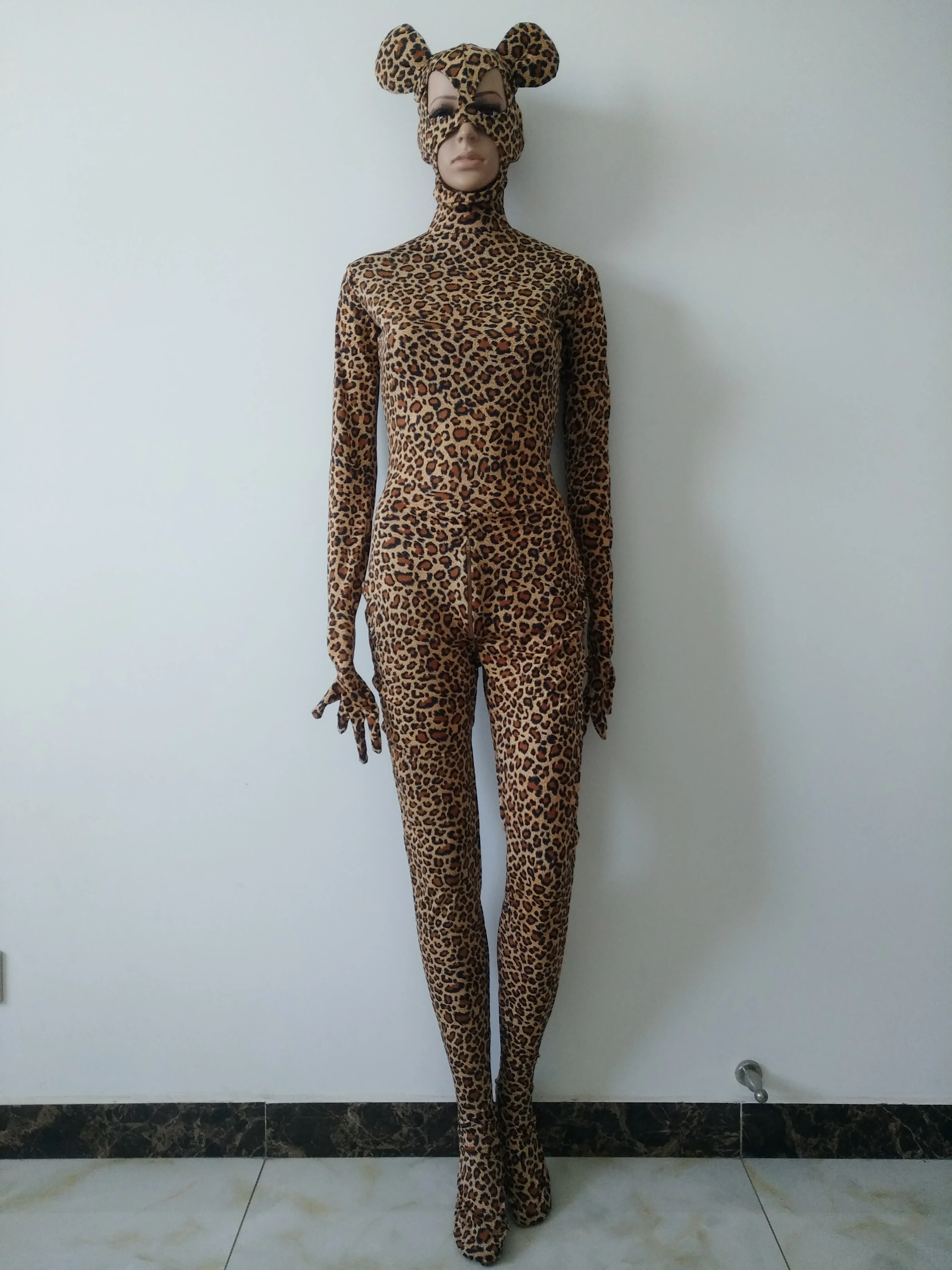 Disfraz de anime con estampado de leopardo para Halloween, mono entallado con estampado de animales, trajes Zentai de fantasía con colas extraíbles