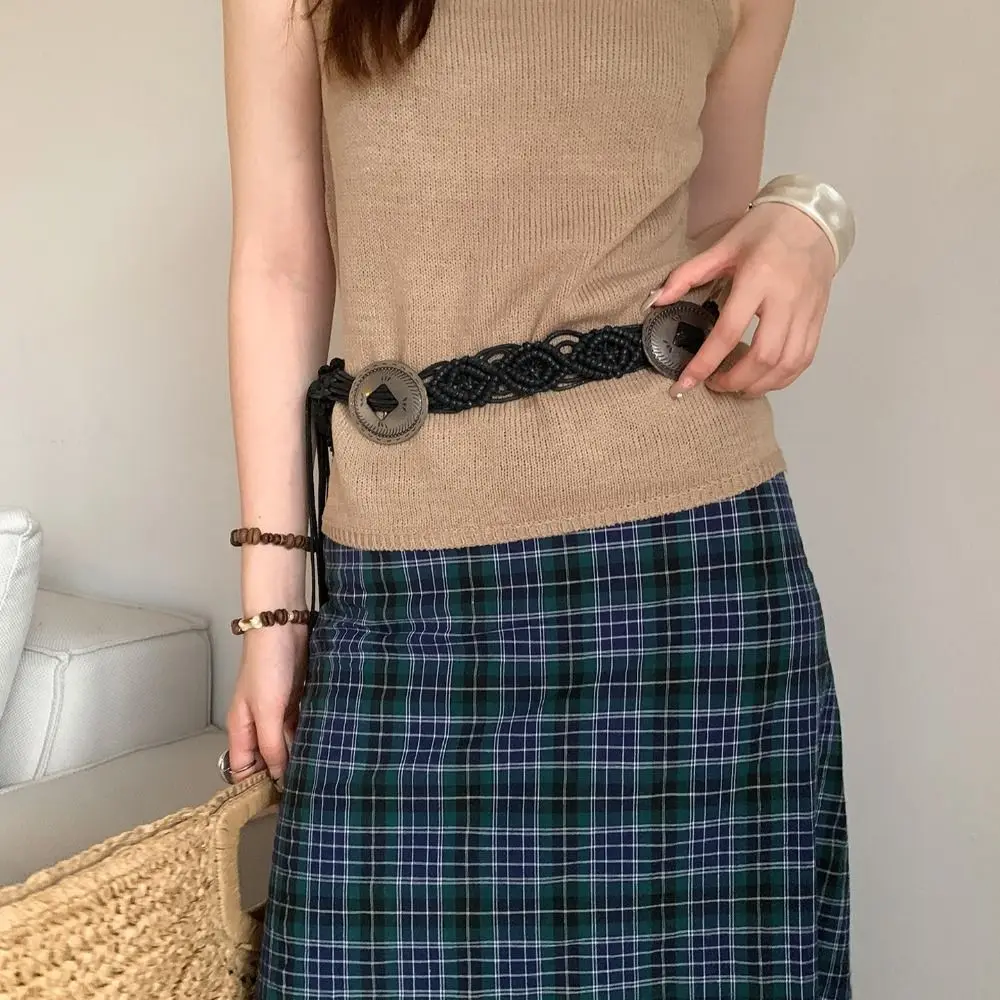 

Elegant Waistband Ethnic Style Weave Belt Hollow Retro Bohemian Style Belt woven Round Ring Tassel Waist Chain Female/Girls