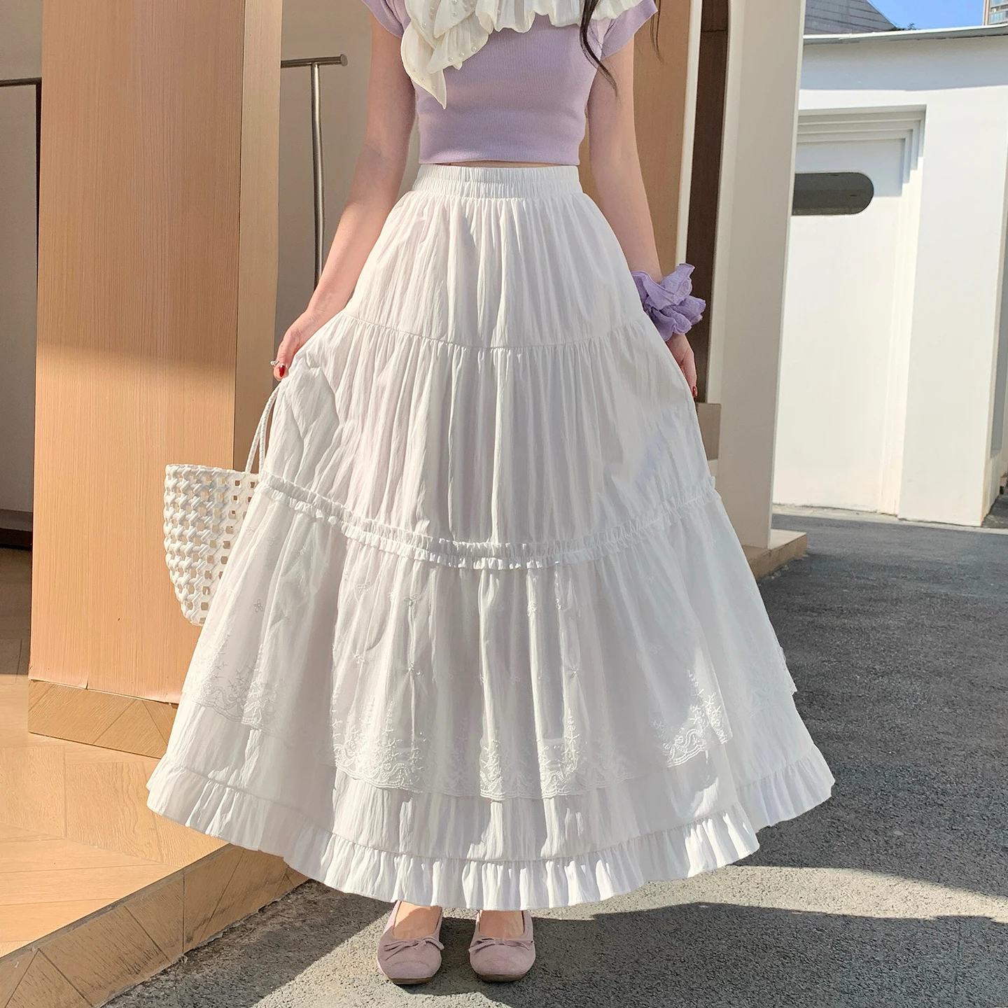 

Elastic Waist High Waist Lace Trim White f Skirt Women's Sle Wooden Ear Trim Casual Long A-Line Cake Skirt