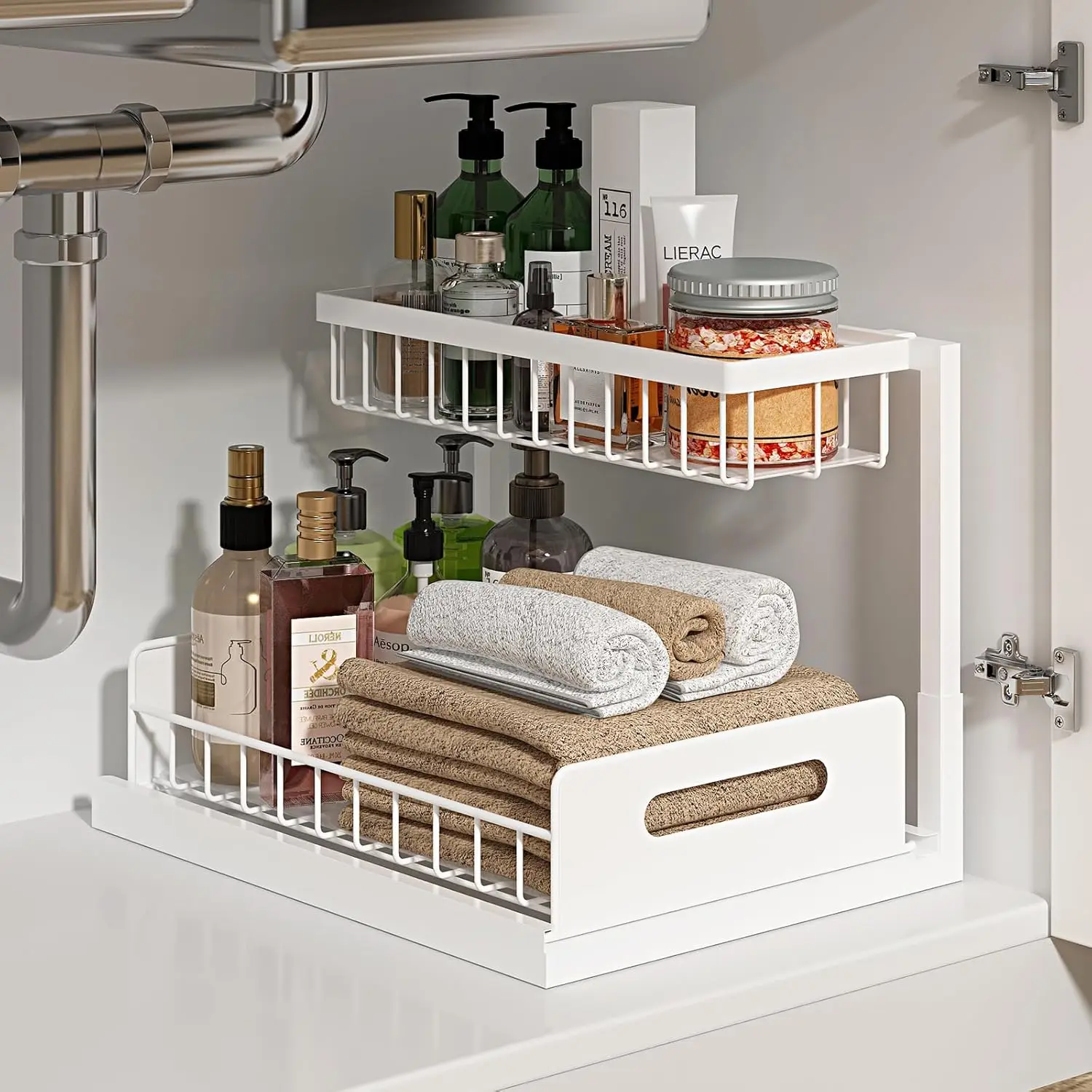 

REALINN Under Sink Organizer, Pull Out Cabinet Organizer 2 Tier Slide Out Sink Shelf Cabinet Storage Shelves, Under Sink Storage for Kitchen Bathroom Cabinet, White, 1 Pack