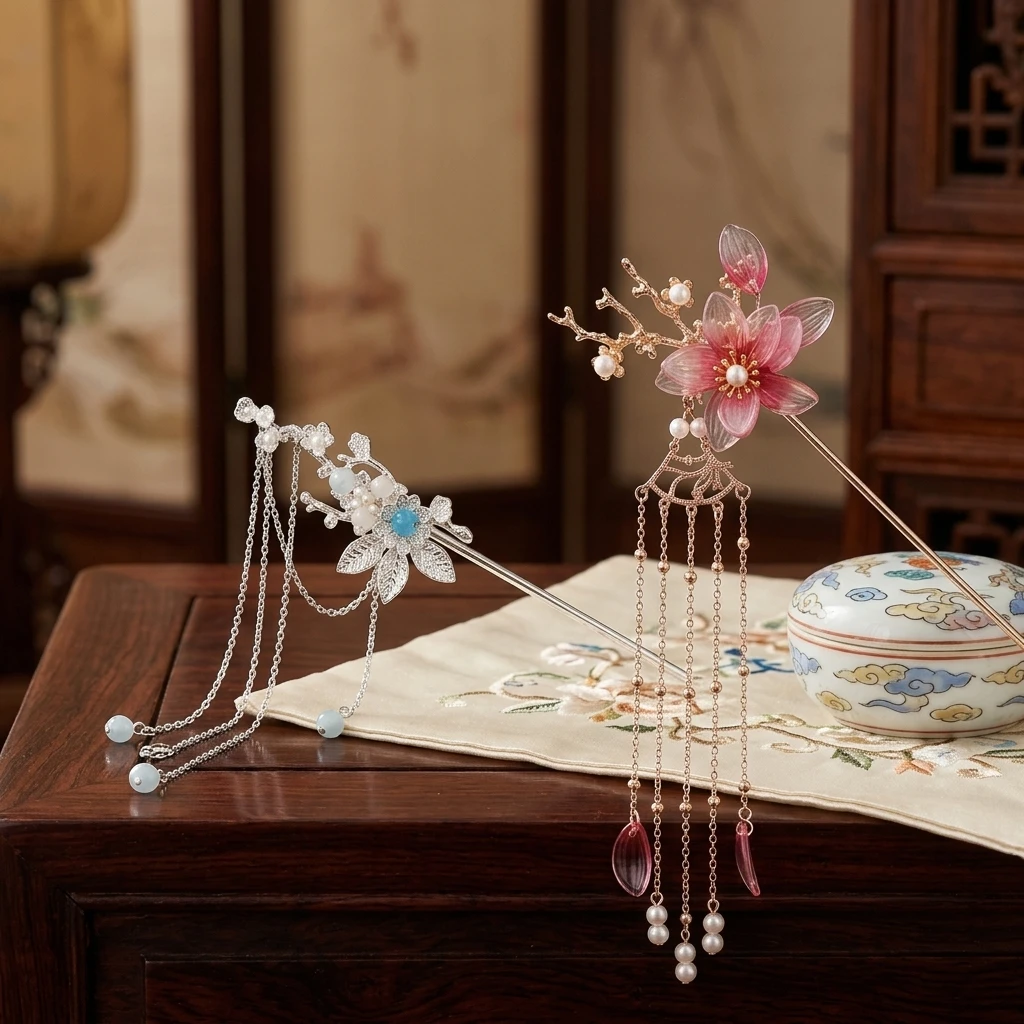 2pcs Vintage Hairpin Set Retro Chinese Style Flower Tassel Hair Sticks Light Luxury Jewelry Headwear Girls Hair Accessories view 2