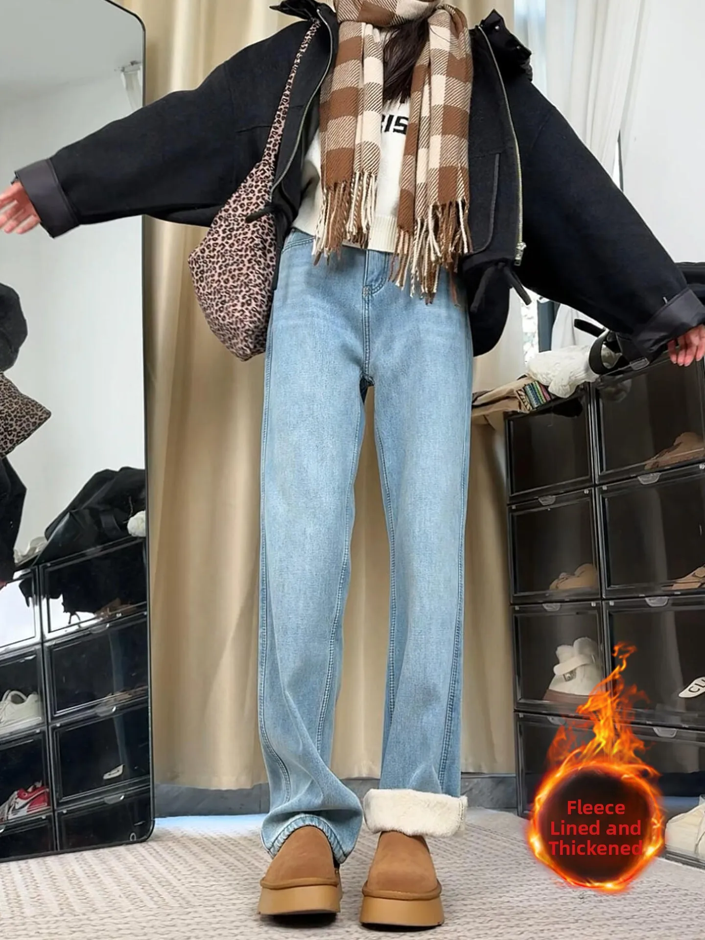 

plus Size Blue Fleece Lined Thick High Waist Women's Jeans Winter Warm Straight Leg Wide Leg Retro Style Casual Comfortable