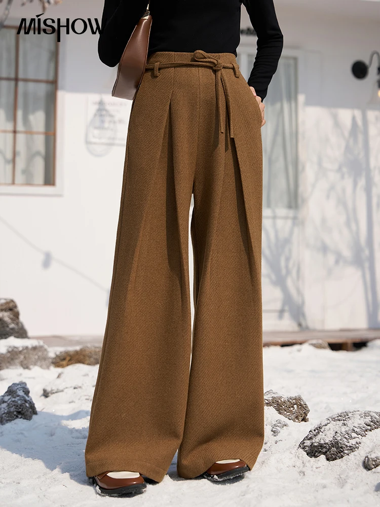 

MISHOW Women's Woolen Wide-leg Pant 2023 Winter High Waist Loose Suit Straight Trousers Female Fashion Lace Up Pants MXC56K0527