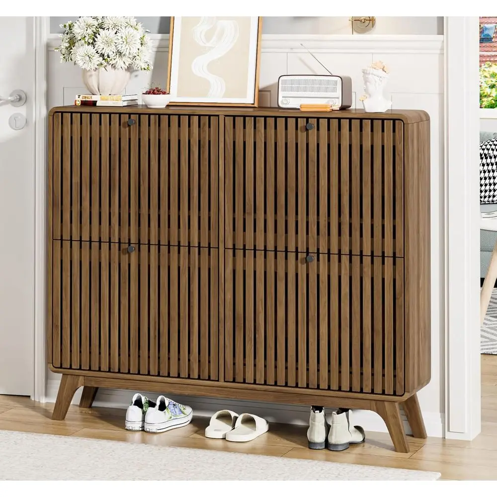 

Narrow Bamboo Shoe Cabinet Storage for Entryway, Slim Organizer with 4 Drawers, Suitable for Hallway and Walnut Finish