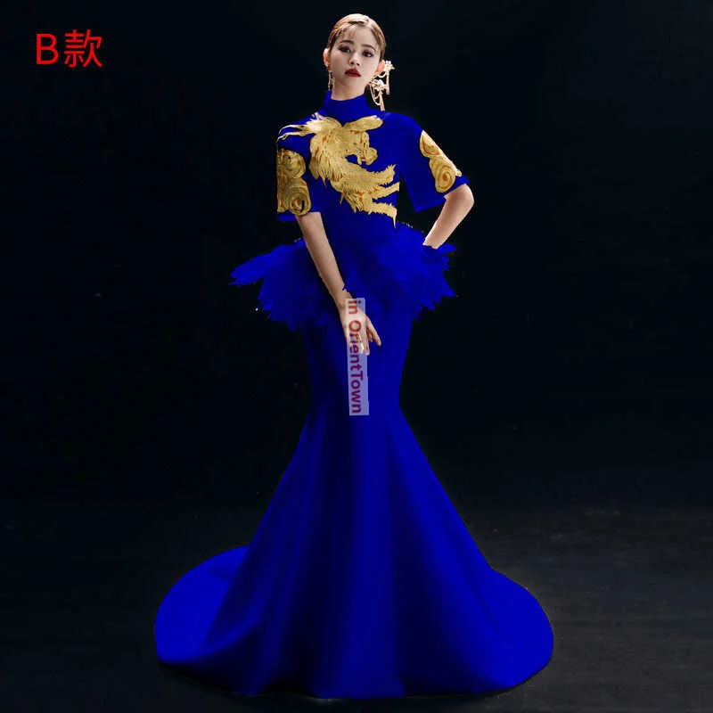 Chinese Style Blue Host Dress for Women Gorgeous Stage Performance Cheongsam in OrientTown Fashion Show Spring Autumn Long Dress