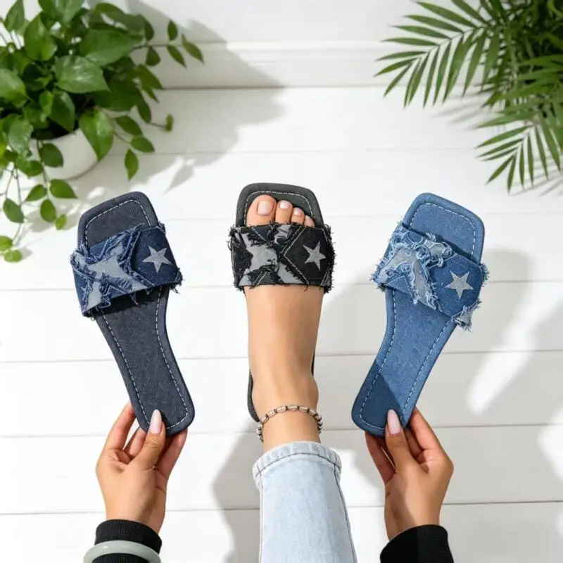 Y2K Denim Strap Flat Heel Sandals Women Summer 2026 Fashion Patchwork Star Pattern Square Toe Beach Slippers Lightweight Sandals view 3