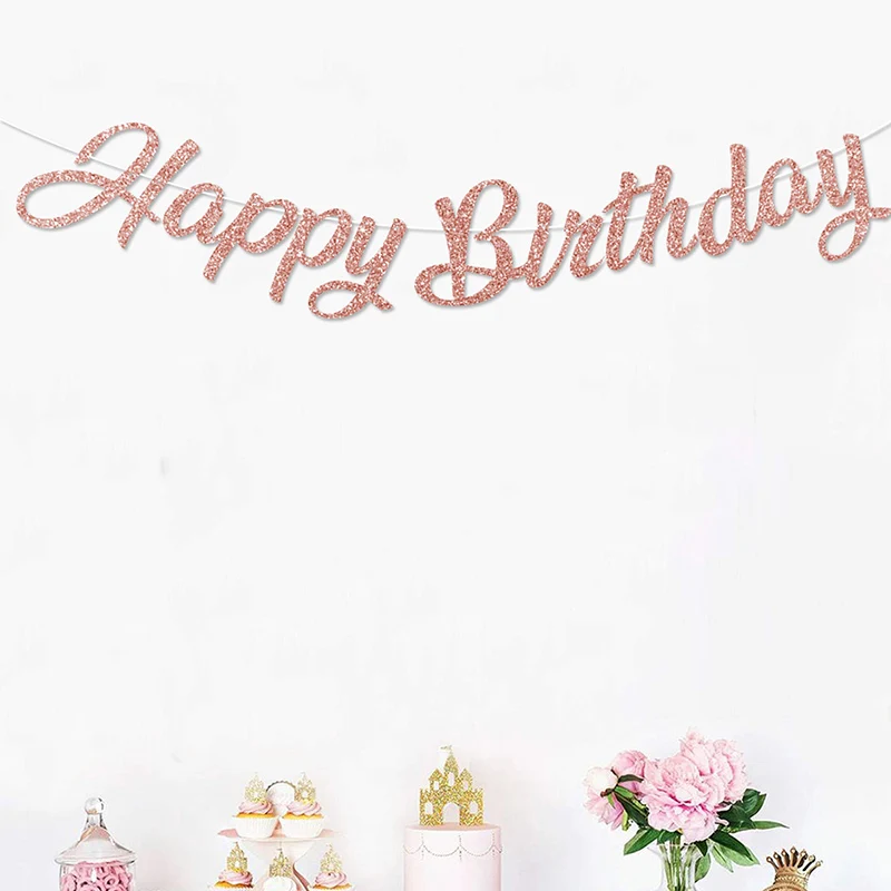 Banderas de Feliz Cumpleaños en Oro Rosa y Dorado, ideales para fiestas de cumpleaños de niños y niñas. Banderas decorativas perfectas para colgar en habitaciones