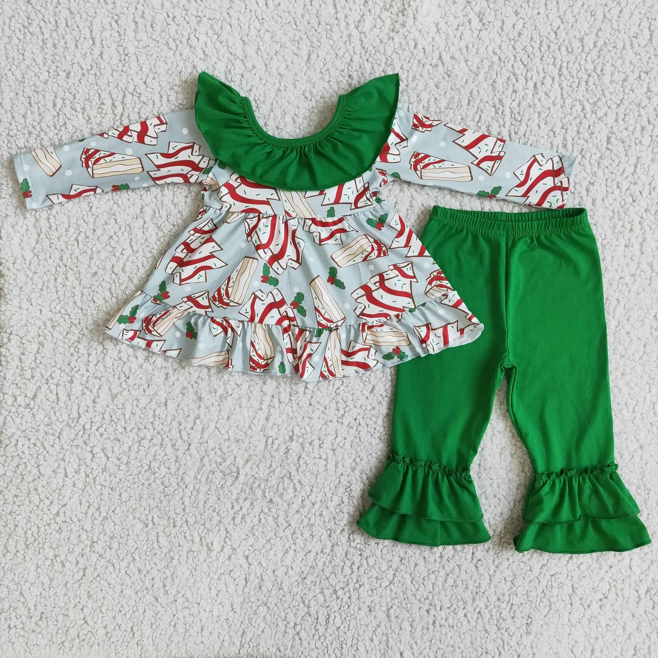 Wholesale Christmas Baby Girl Clothing Cake Bow Tunic Ruffle Cotton Green Pants Children Outfit Clothes