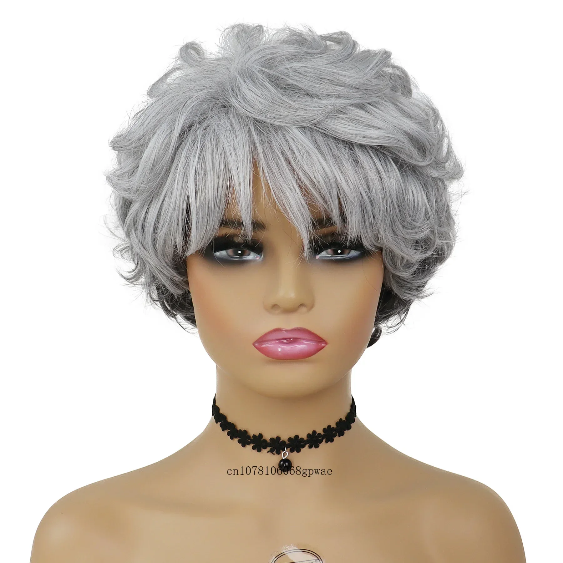باروكات صناعية قصيرة مجعدة باللون الرمادي للنساء، باروكة للسيدات العجوز مع غرة، لون رمادي، شعر مستعار كوسبلاي للحفلات التنكرية اليومية للهالوين #2