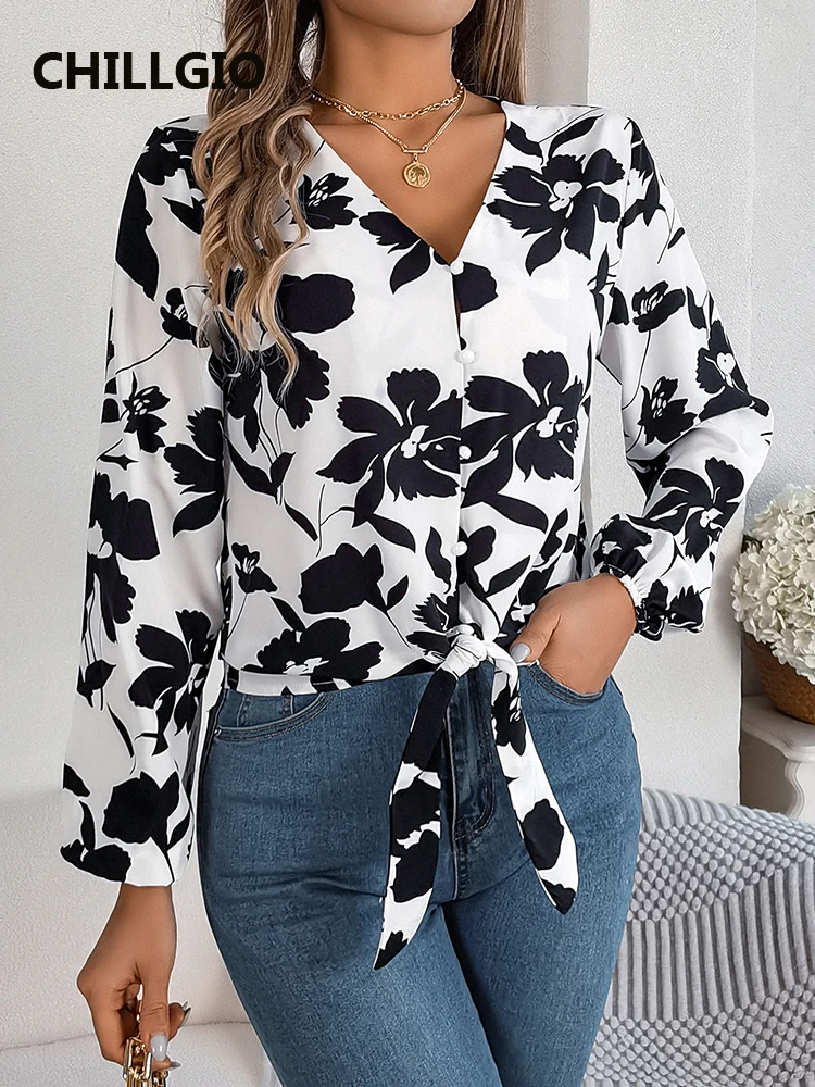 Chillgio Dames Elegante Blouse Casual V-Hals Lange Mouw Shirts Herfst Winter Chiffon Blouses Fasion Bedrukt Met Veters Top