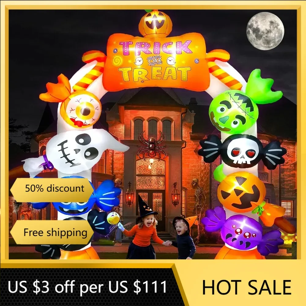 10FT Tall Halloween Inflatables Archway Candy Ghost, Giant Halloween Outdoors Decoration Pumpkin Arch Blow Up Yard Decorations