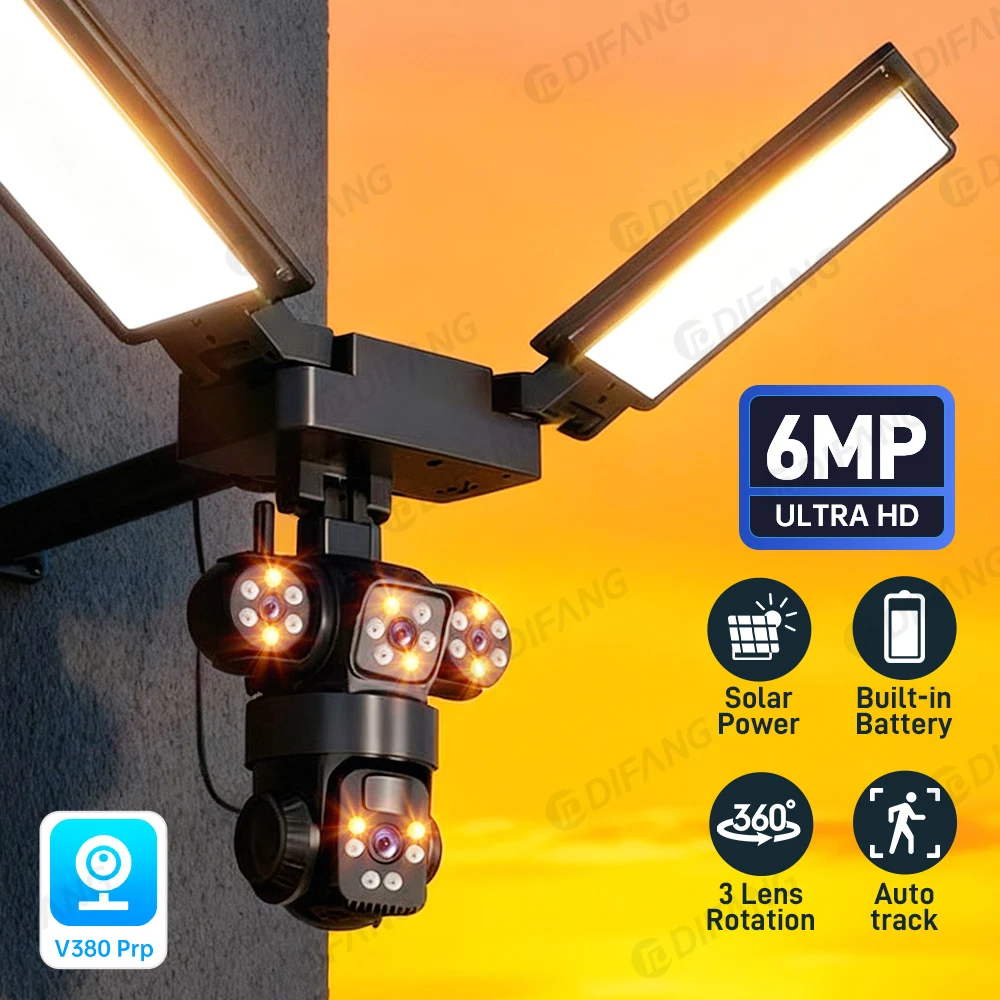

Беспроводное освещение солнечной камеры 4G/LTE 3-экранная солнечная камера с автоматическим отслеживанием 360 ° Батарея Сирена Сигнализация V380 Pro CCTV Солнечное освещение