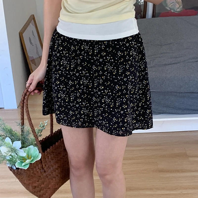 Elegant Flower Printed Women Mini Skirts 2025 Summer High Waist Slim Pleated Faldas Korean Pretty Style A-Line All-Match Skirts