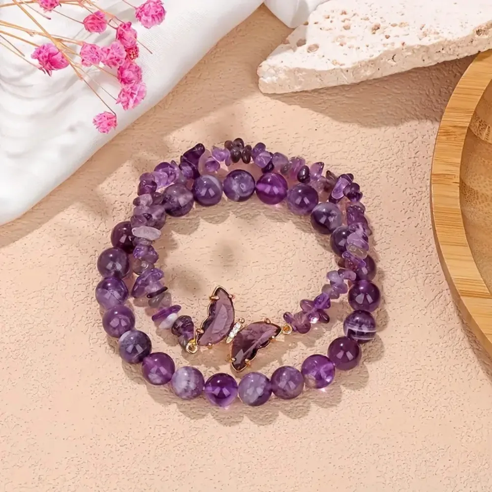 2pc Set Romantic Amethyst Obsidian Quartz Beaded Butterfly Bracelet Women Stretch Bangles Positive Energy Daily Commute
