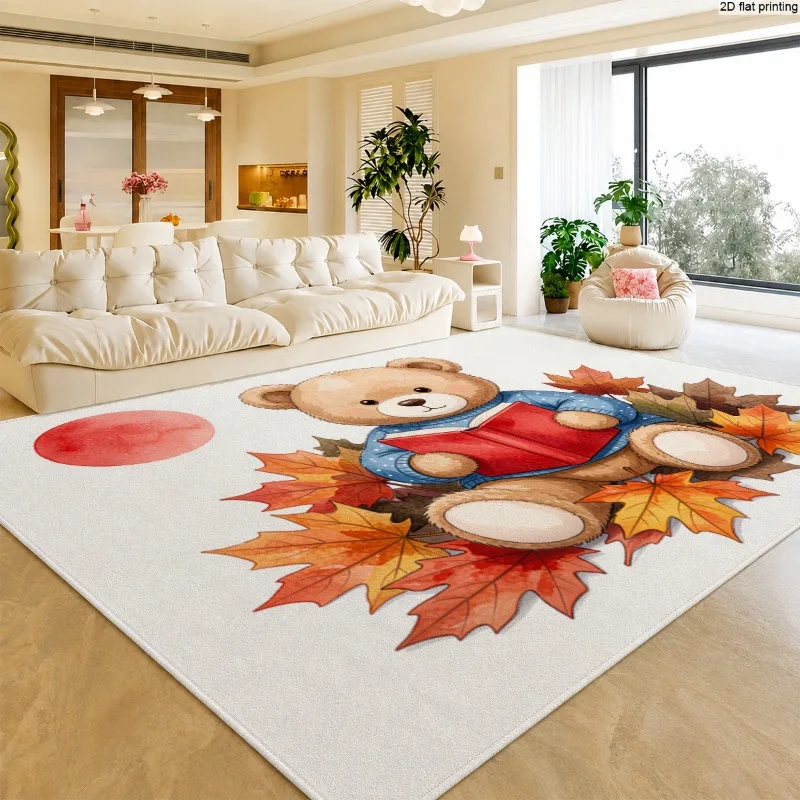 Fall Teddy Bear Reading Book Area Rug Maple Leaf Autumn Watercolor Print Large Floor Mat Seasonal Home Decor Carpet
