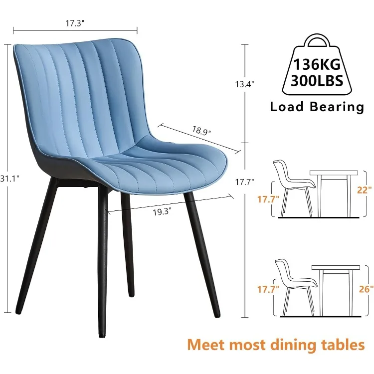 Blue Dining Chairs Set of 2 Mid-Century Modern Kitchen & Dining Chairs Faux Leather Upholstered Accent Chair Armless Guest