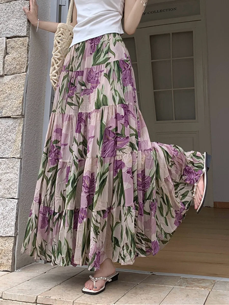 Elegant High Waist Pleated Chiffon Skirt for Women Romantic Purple Print Maxi Skirt Summer 2026