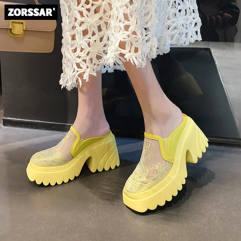 Thick Bottom Wedges Slippers Women Sandals Summer High Heel Fashion Breathable Mesh Platform Slippers Outdoor Casual Lazy Slides