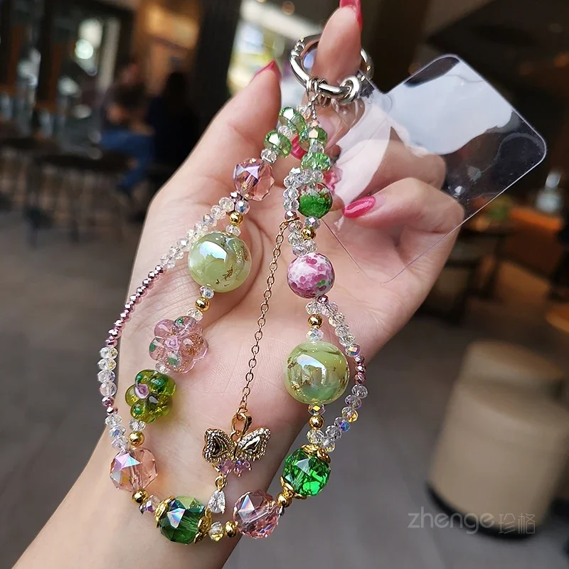 Mobile Phone Lanyard Butterfly Pendant Crystal Bracelet Short Clip-on Mobile Phone Case Universal Sling Wrist Pendant Bracelet