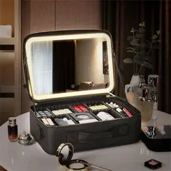 Saco cosmético portátil com luz LED para mulheres, Estojo de espelho de maquiagem, Travel Vanity Bag, Grande capacidade