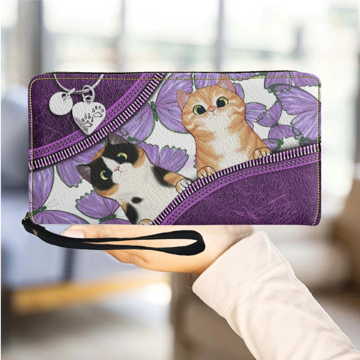 Purple Kawaii Cats Design Women Wallet Luxury Leather Multifunction Ladies Purse Wristlet Wallets Long Travel Card Holder Femme