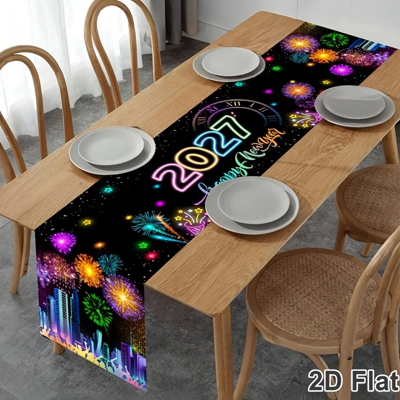 2D Flat 1pc 2027 Happy New Year Table Runner, Polyester Rectangular Table Runner with Firework & City Design, for New Year Eve P
