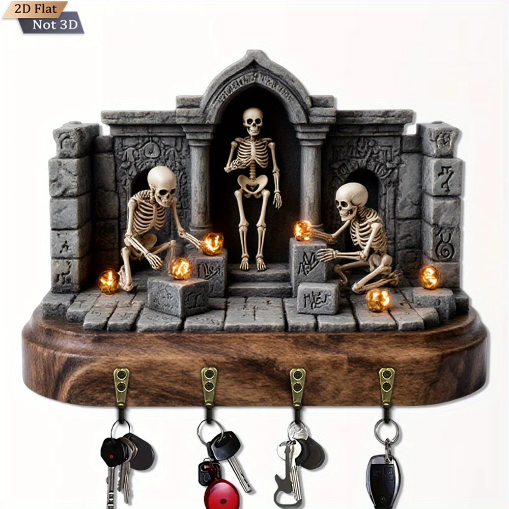 Gothic Skeleton Wall Key Holder - Wood & Metal Hooks, Macabre with Mummy-like & Dancing Skeletons, Tibetan Script-Like Rune
