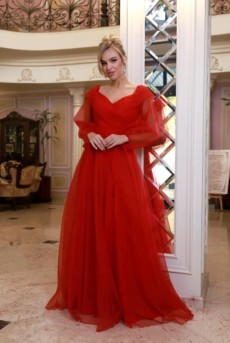 Luxueux robe de soirée de vacances en mousseline de soie rouge, épaules dénudées, avec fente, robe formelle élégante pour femmes