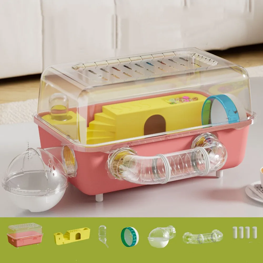 Jaula para hámster con vista panorámica, rueda para correr, botella de agua, Villa de lujo para hámster, doble ventilación transparente, hábitat para mascotas