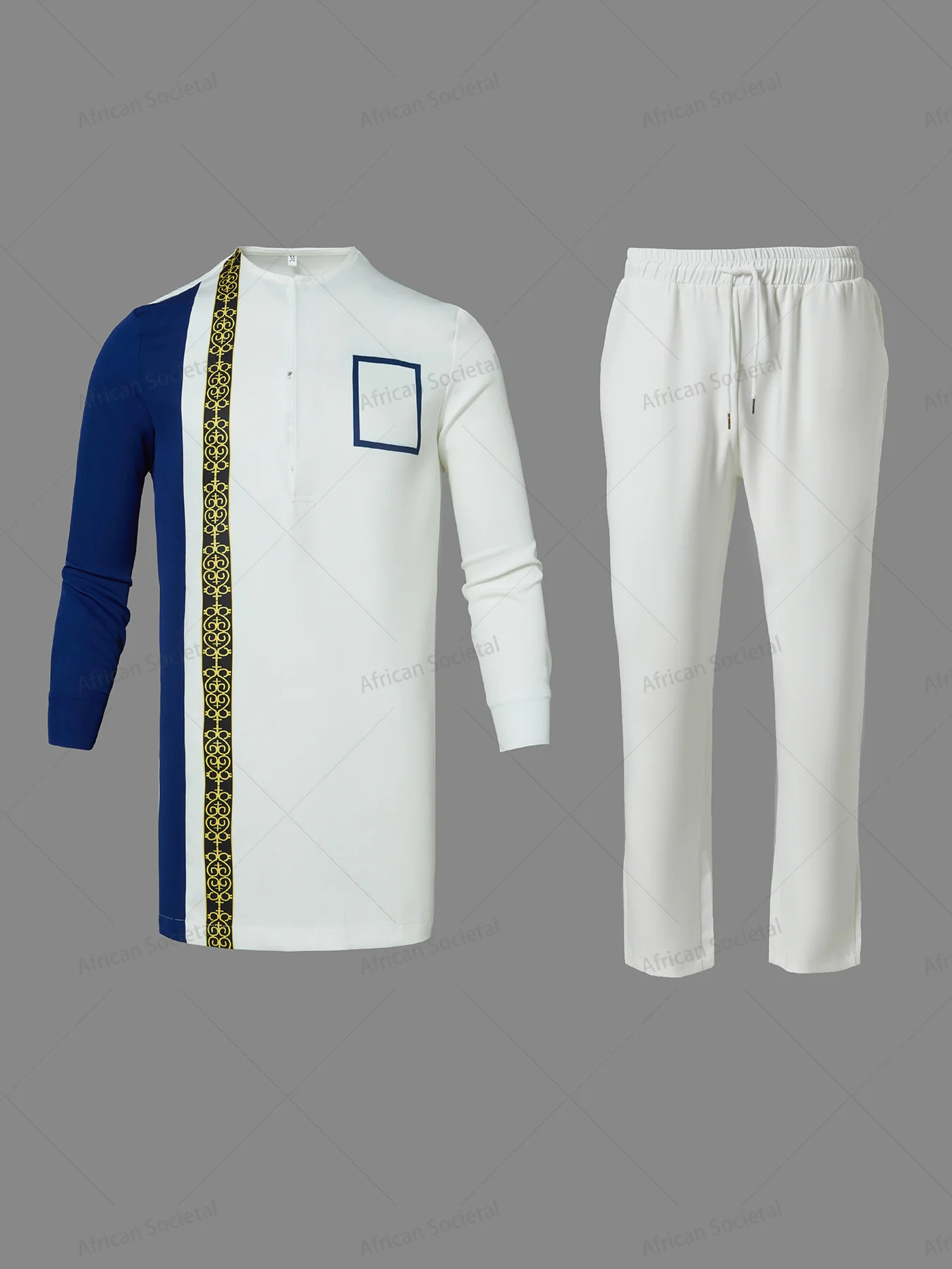 2024 New White African Men Traditional Outfit Long Sleeve Long Tee Plain  in Drawstring Pocket Pants Set Regular Fit Casual Sets