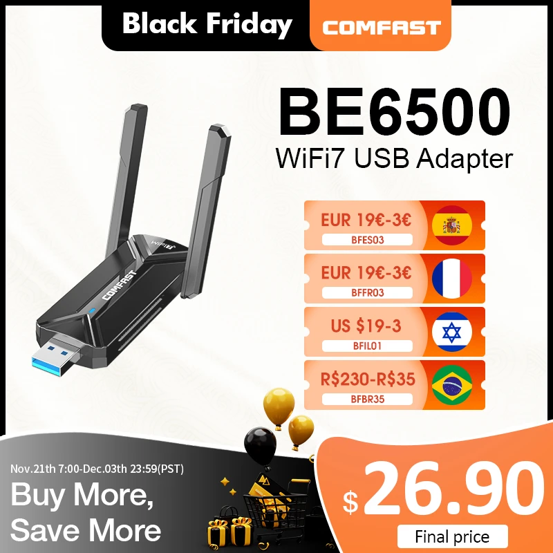 BE6500 Adaptador Wifi7 Usb 3.0 Adapter 5Ghz/2G/6G Antena Wi fi 7 Para PC 802.11BE Ethernet AX5400 Network Card Cle Dongle Receiv