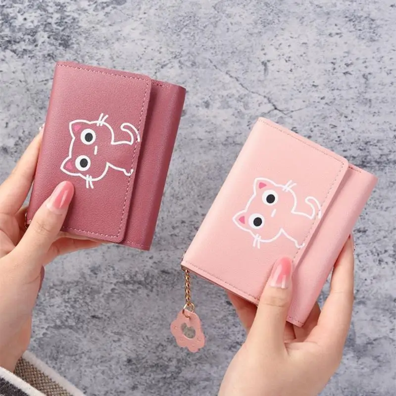 

1PC Fashion PU Leather Women Wallet Cute Cat Short Wallet Girls Money Bag Card Holder Female Mini Wallets Students Small Purse