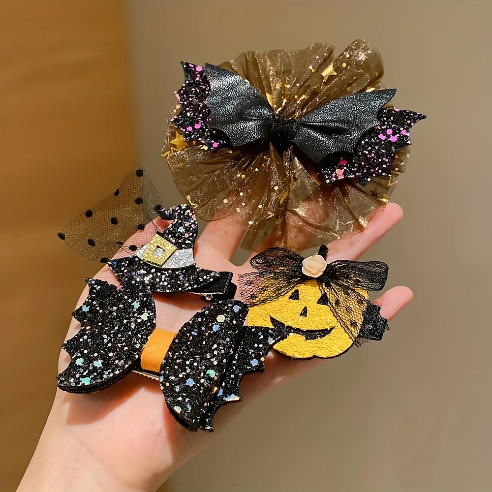 4 pieces of Halloween hair accessories black mesh bow hairpins cos dress up funny creative pumpkin devil hairpins