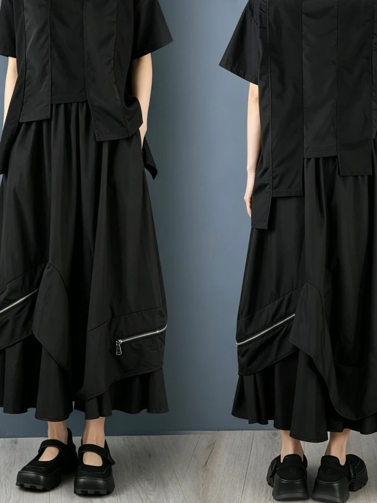 Asymmetric Zipper Decorative Elastic Lantern Skirt Loose Women's Autumn Dark Design Commute High Waist A-Line Half Skirt