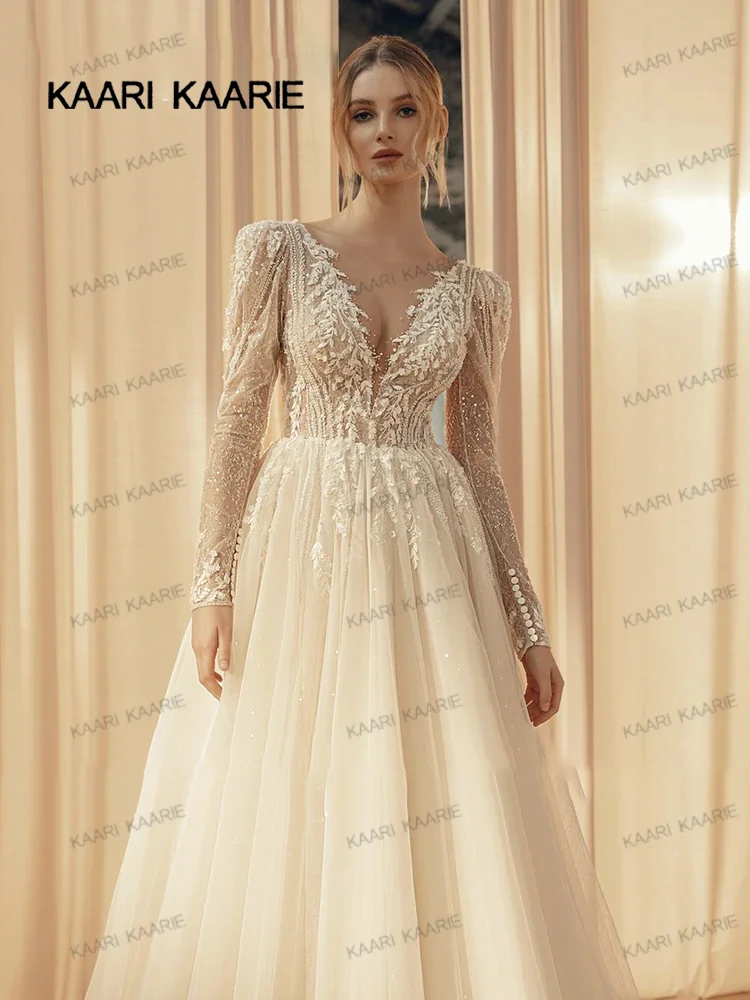 Agreari-Robes de mariée champagne scintillantes, appliques à manches longues, dentelle, patients modernes, robe de mariée en tulle, quoi que ce soit, 2024