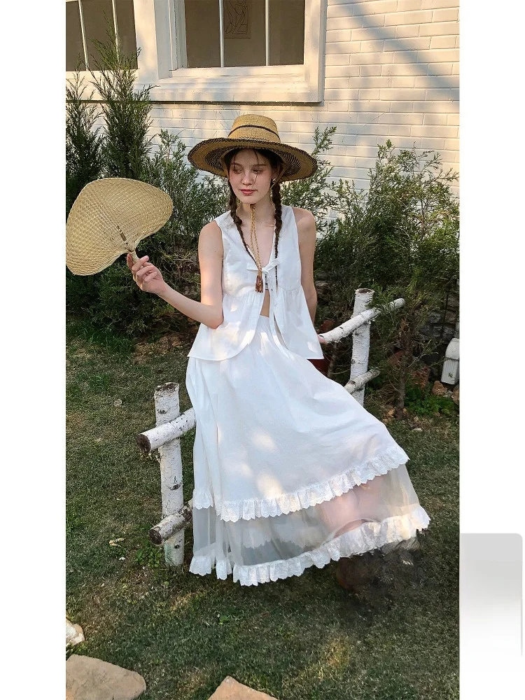 

Le Island Light Retro 00 Cotton A-Line Svel Top with Organza Skirt Set Women's Faion Ensemble V-Ne Button Closure