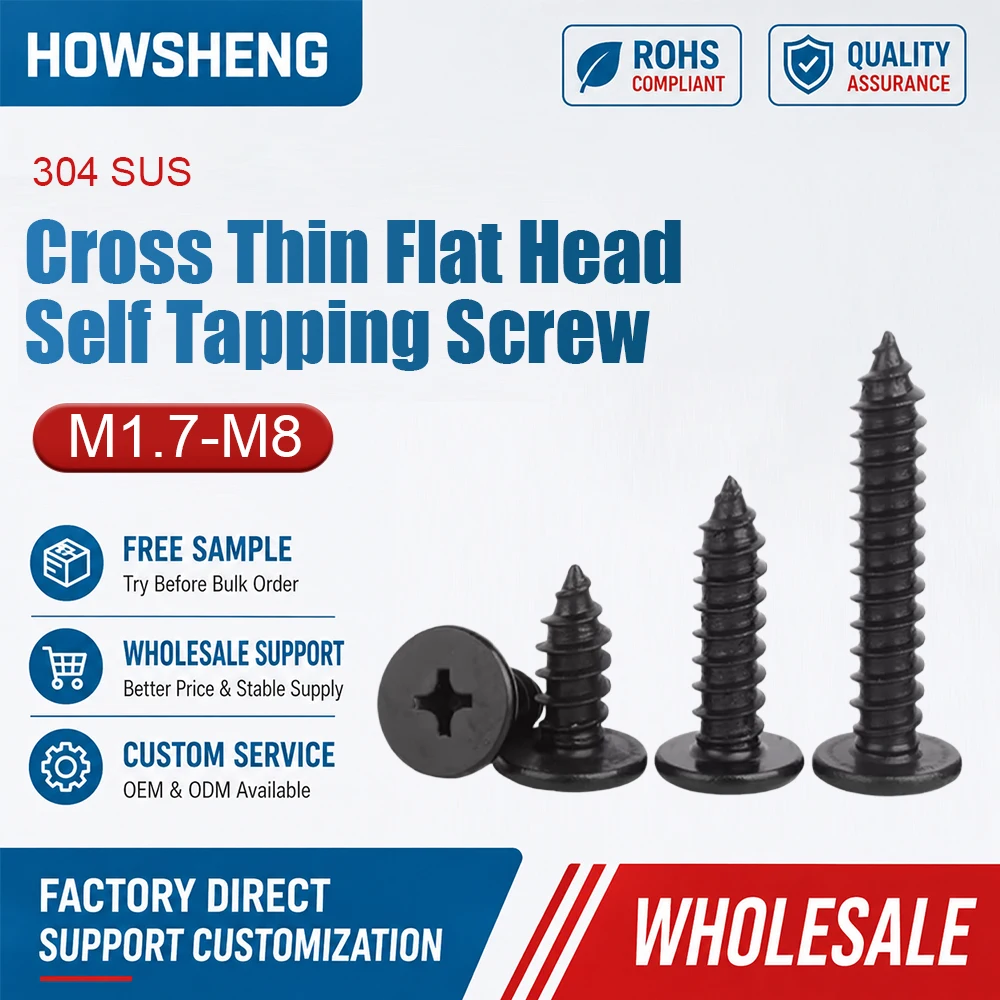 10-50pcs Phillips Ultra Thin Flat Head Self Tapping Wood Screw Black 304 Stainless Steel M1.4 M1.7 M2 M2.3 M2.6 M3 M3.5 M4 M5 M6