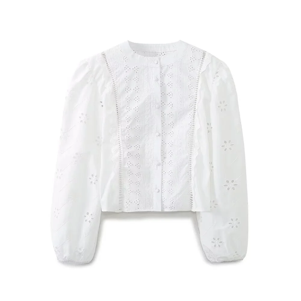 

Taop&Za women's single breasted round neck lantern sleeve hollowed out embroidered shirt for spring and summer new top