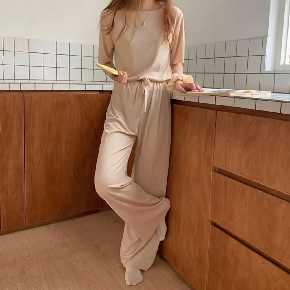 Women Summer Pajamas Stylish Women's Summer Sleepwear Set 2-piece Ice Silk Pajamas with Round Neck T-shirt Wide Leg for Wear