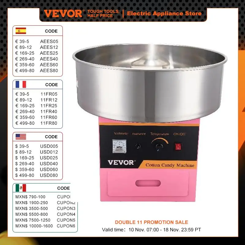 VEVOR Electric Cotton Candy Machine Commercial Floss Maker with Stainless Steel Bowl Sugar Scoop and Drawer for Birthday Party