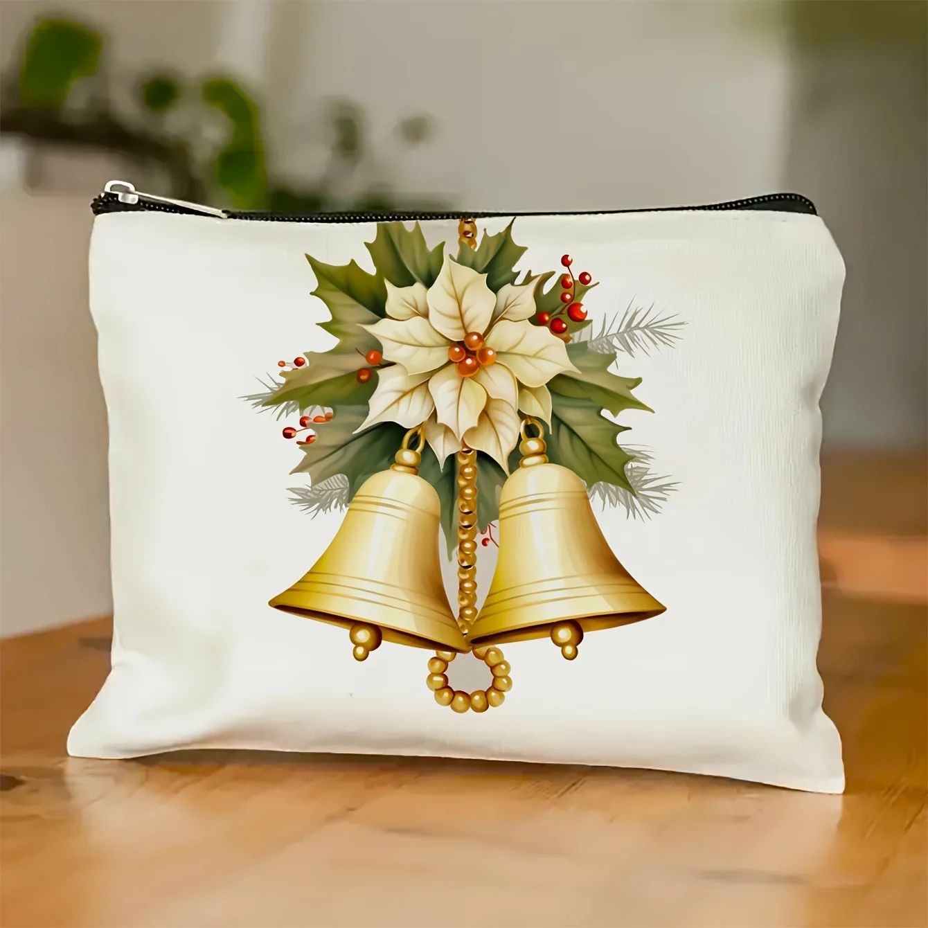 

A Christmas Bell And White Floral Patterned Makeup Bag - Multifunctional Zipper Pouch, Jewelry Storage Bag