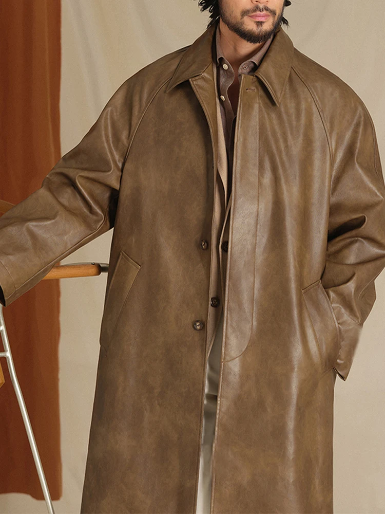 معطف الرجال الكورية بو الجلود الصلبة واحدة الصدر رجل سترة واقية الأعمال عارضة مصممة معطف الذكور