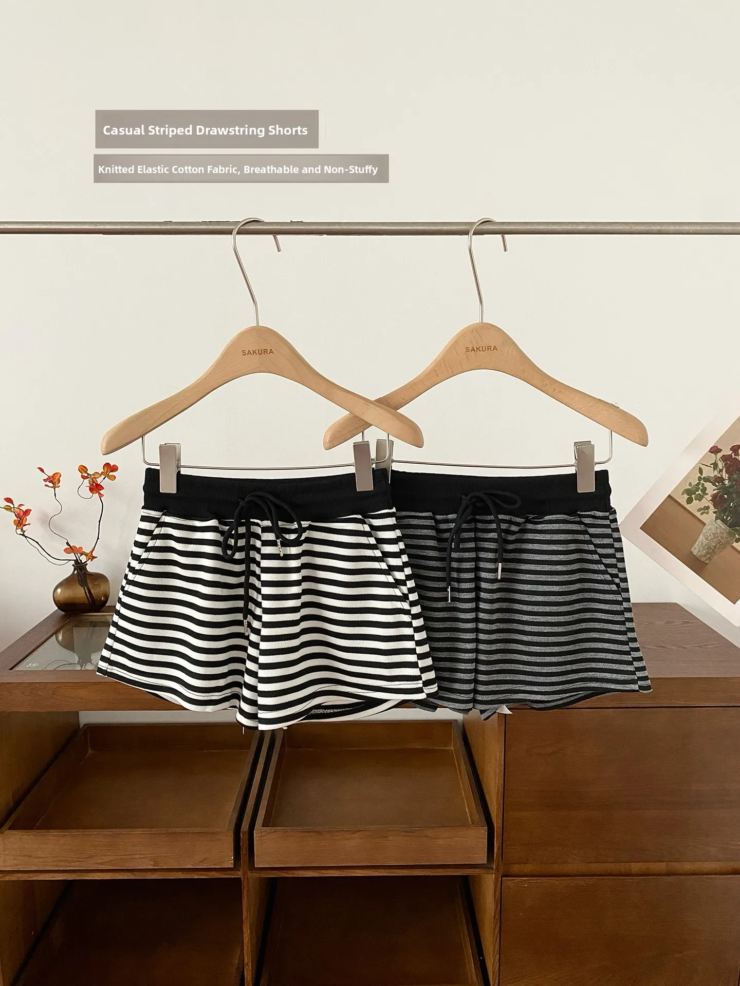 

Low Waist Casual Stripe Shorts Women's Summer 2026 New Style Outdoor Wearable Comfy Polyester Knitted High Waist Wide Leg Pants