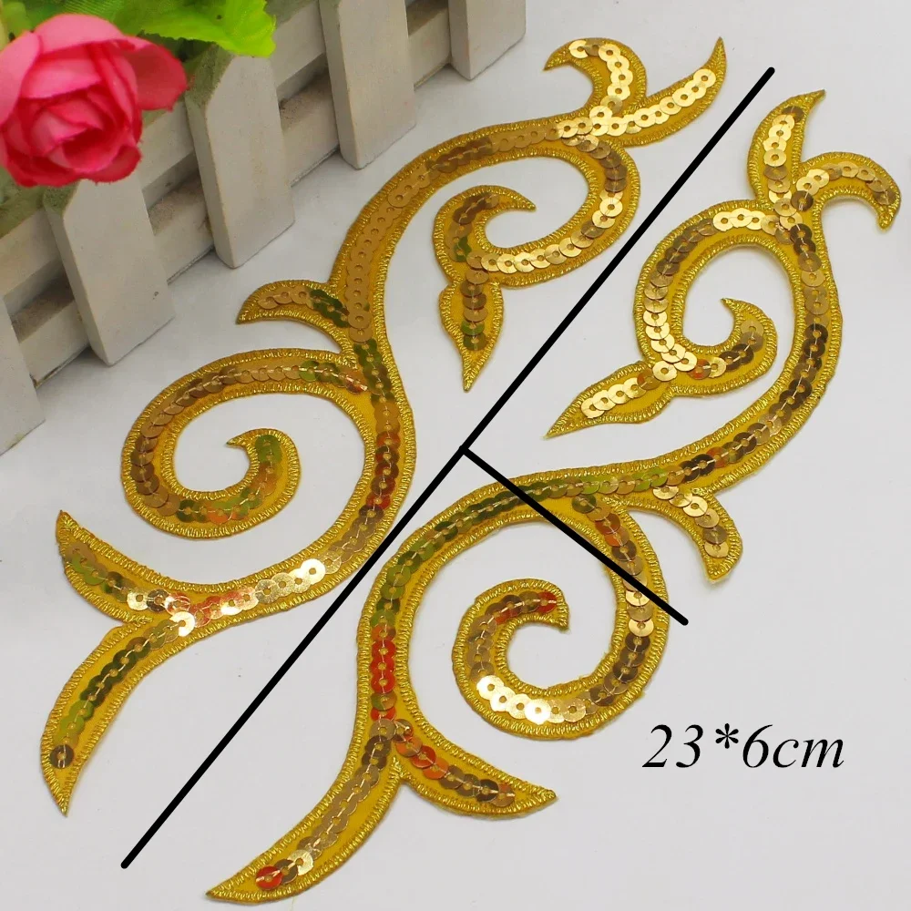 1 Pair Sequined Flower Appliques Iron On Gold Embroidery Patches Mirror Pair Paillette Multicolor Flower Trims 23*6cm