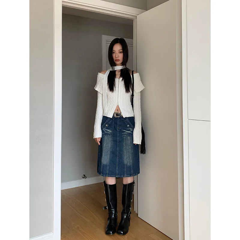CTRLLOCK Chic Solid Color Slash Neck Off Shoulder Knitted Cardigan Slim Women Long Sleeve Zipper Open Stitch