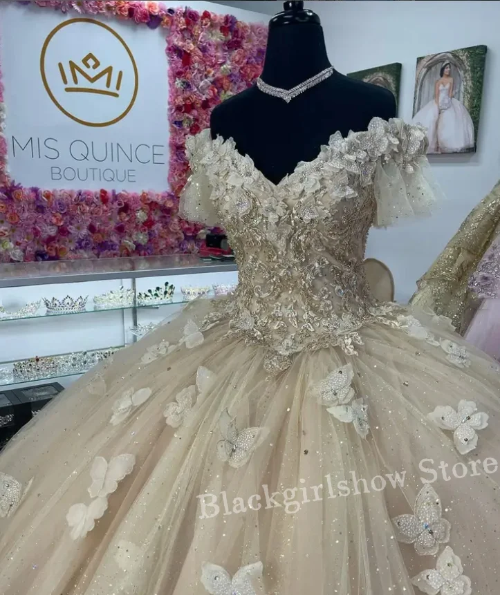 Gaun Khaki putri Quinceanera mewah 2025 kupu-kupu indah bahu terbuka 3D Applique bunga Meksiko Charro renda kustom