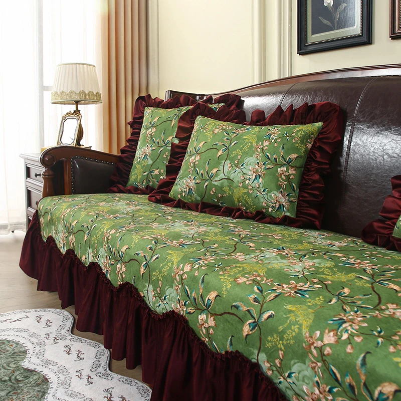 Retro Green Sofa Cushion Luxury Anti-Slip Sofa Cover Home Decor European Style Living Room Armchairs Cover Furniture Protection